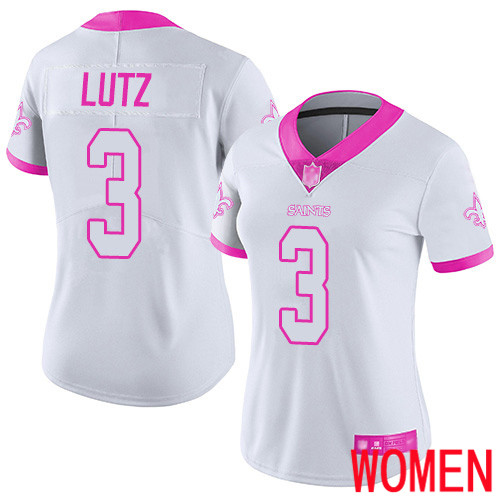 New Orleans Saints Limited White Pink Women Wil Lutz Jersey NFL Football #3 Rush Fashion Jersey